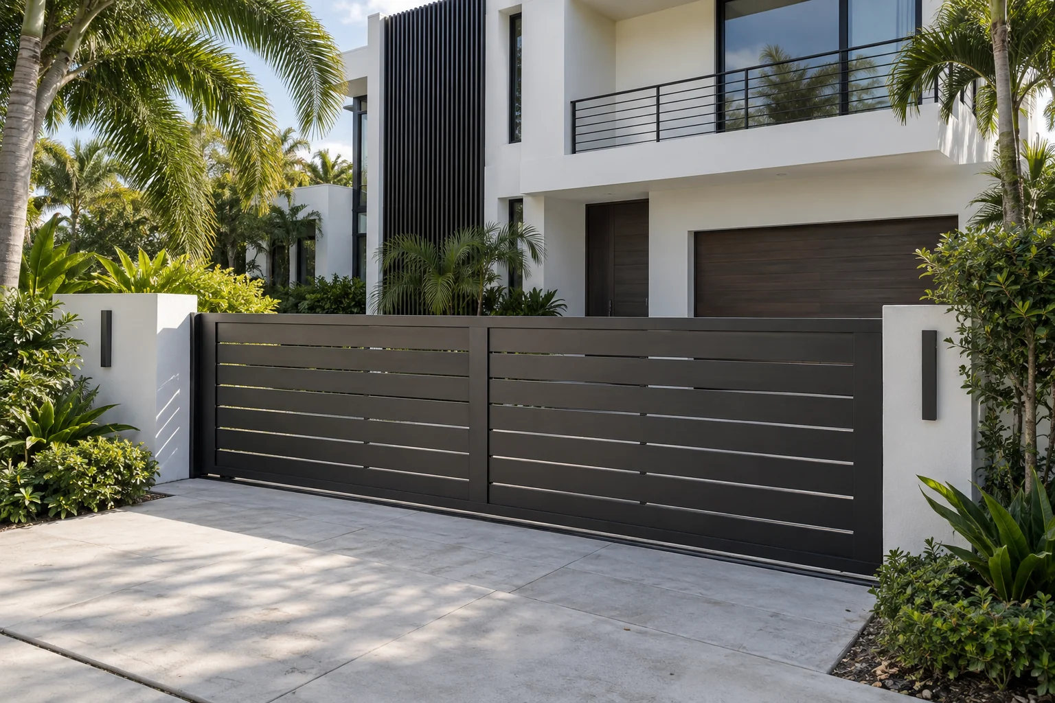 Architectural concept of a charcoal aluminum gate, vertical louvers and balcony railing at a Florida residence