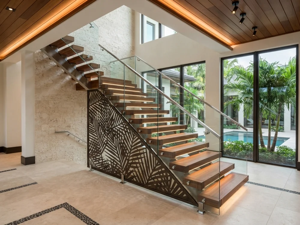 Statement interior metal staircase and decorative railing