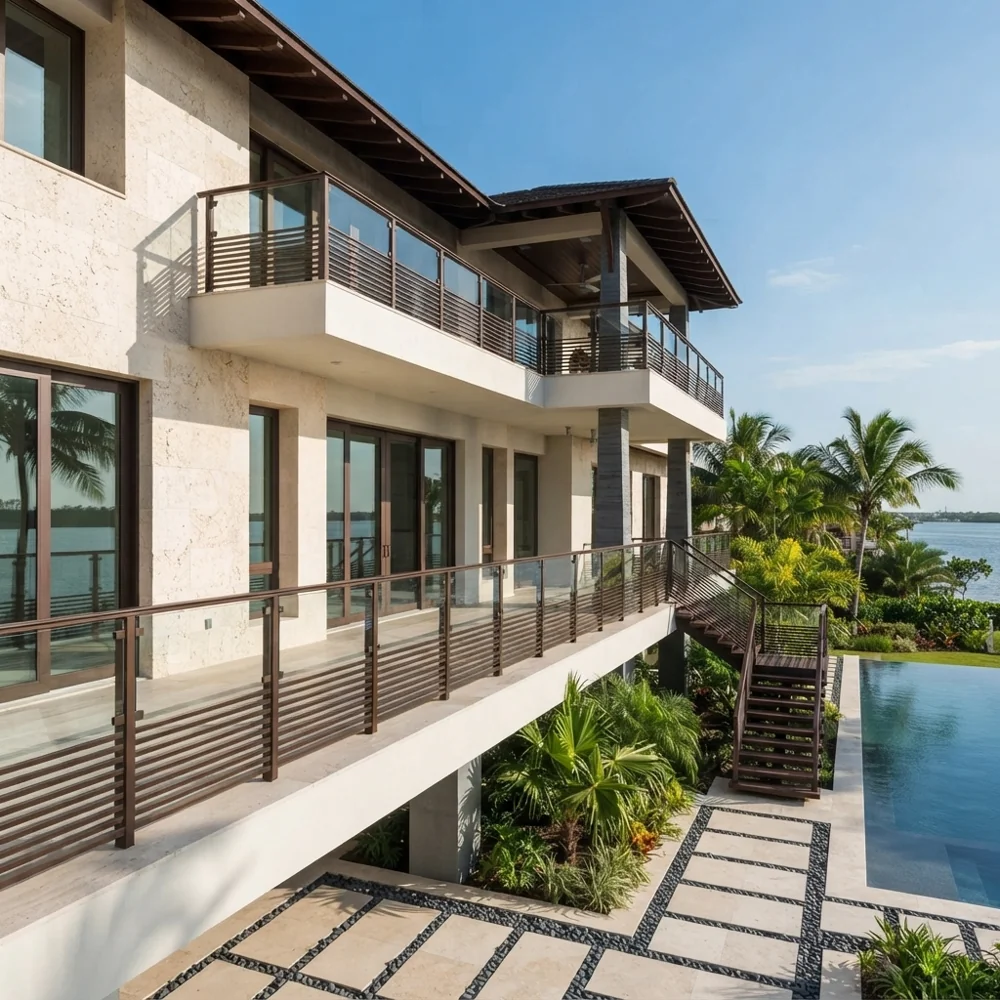 Architectural balcony railings on a contemporary waterfront home