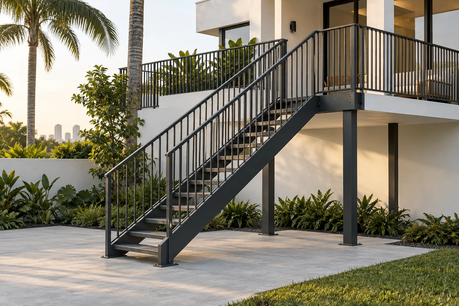 Architectural concept of an exterior metal staircase with vertical picket railings