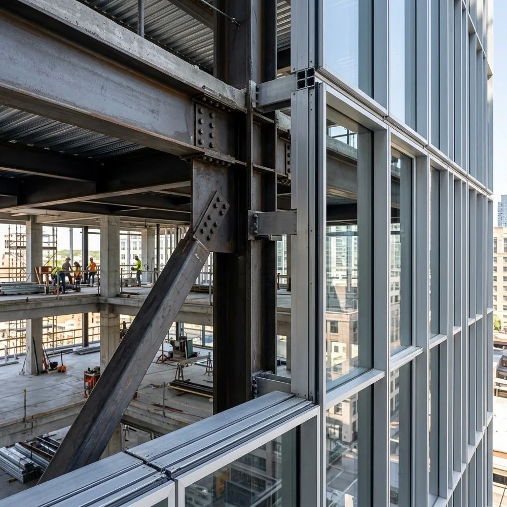 Steel framing, connections and support structure at a building